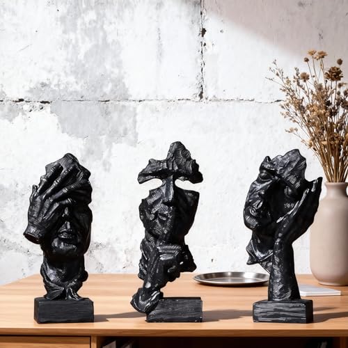 3 Pcs Thinker Statue, Silence is Black Abstract Art Figurine, Modern Home Resin Decorative Objects Decor for Home Office Bookshelf Desktop,No Hear No See No Speak Knick Knacks - color: Black