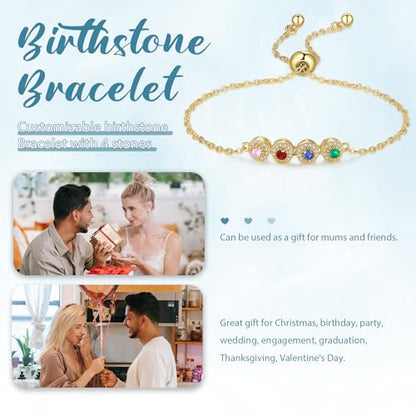 Personalized Birthstone Bracelet for Women – 925 Sterling Silver Adjustable Family Mothers Day Bracelet with Birthstones, Mothers Day, Christmas,Birthday Gift for Mom, Grandma, Wife, Bridesmaid - color: A-4 Birthstones