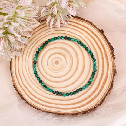 BONNY BOXX Natural Genuine Gemstone Faceted Round Beads Bracelets, 3mm Adjustable Stretchy Tiny Faceted Black Tourmaline Bracelet, Healing Crystal Reiki Chakra Dainty Jewelry Fashion Gifts - color: Malachite