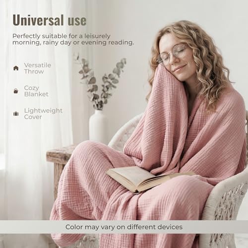 4-Layer Muslin Cotton Queen Bed Blanket (90 x 90 inches) – Ultra Soft Breathable Gauze, Lightweight All-Season Cozy Blanket, Machine Washable – Pink - color: Pink, size: Queen (90 x 90 inches)
