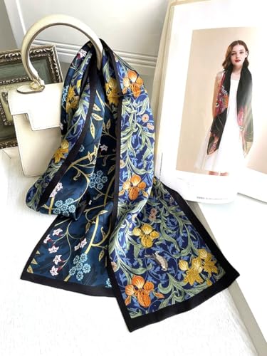 100% Silk Scarf for Women 59”*6.3” Long Shawls for Headscarf and Neck- Oblong Hair Wraps with Gift Packed - color: Floral-navy Blue