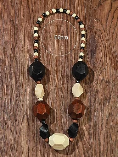 COLORFUL BLING Ethnic Natural Wood Beads Necklace for Men Women Africa Wooden Chain Chunky Strand Necklace Statement Hip Hop Jewelry - color: mix brown black