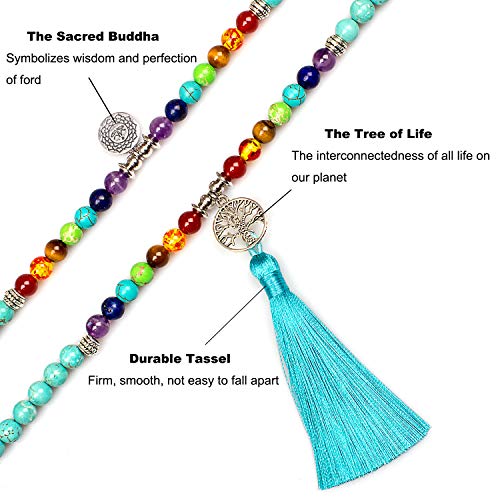 108 Mala Beads Necklace 7 Chakra Tree of Life Pendant Prayer Buddha Bracelets Healing Stone Yoga Men Women Jewelry - color: Rosary Prayer turquoise