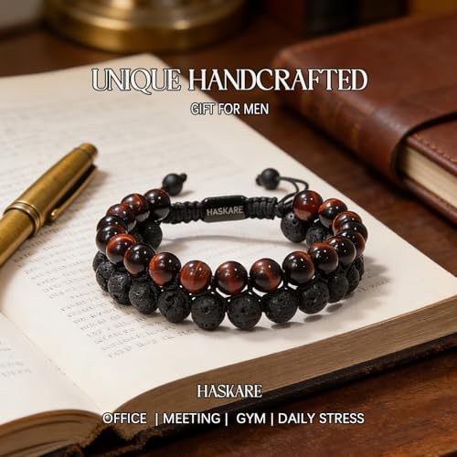 HASKARE Energy Beads Tiger Eye Bracelet for Men, Red Tiger Eye Beads Lava Stone Bracelets, Handmade Protection Crystal Bracelet Mens Jewelry Bracelets Father Christmas Gift for Stress Relief 8mm