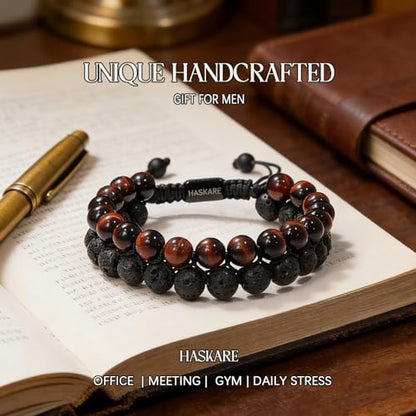 HASKARE Energy Beads Tiger Eye Bracelet for Men, Red Tiger Eye Beads Lava Stone Bracelets, Handmade Protection Crystal Bracelet Mens Jewelry Bracelets Father Christmas Gift for Stress Relief 8mm