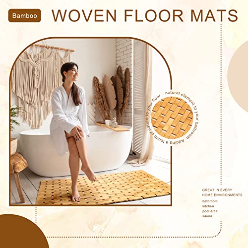 2 Pcs Bamboo Bath Mat Bathroom Rugs Floor Wood Shower Mat Non Slip Waterproof Wooden Shower Rug with Nonskid Silicone Pads for Bathroom Floor Spa Bathtub Kitchen(24 x 16 inches)