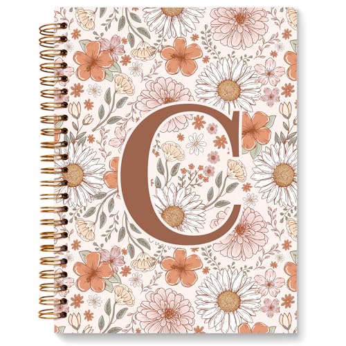 Initial Letter C Floral Notebook Journal, Personalized Monogrammed Gifts Journaling Notebooks for Women Teen Girls, Notebooks for Work, Boho Flowers Daisy Spiral Notebook, 5.5x8.3