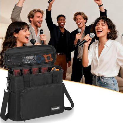IBVIVIC 4 Slots Wireless Microphone Case with Foam, Microphone Carry Travel Bag with Shoulder Strap Mic Storage Bag for Singing, Karaoke, Party