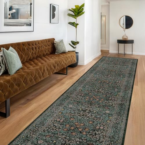 Dark Green 3x10 ft Extra Long Wide Runner Rug for Hallway Non Slip Washable, Large Kitchen Indoor Floor Rugs for Entryway Bathroom Bedroom, Stain Resistant Vintage Floral Carpet - color: Dark Green / Black, size: 3' x 10' (Runner)