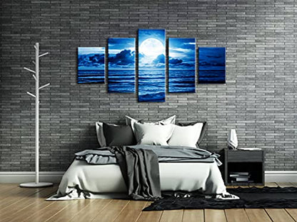 Pyradecor Blue Clouds Modern 5 Panels Moon Sea Beach Canvas Wall Art Large Gallery Wrapped Landscape Giclee Canvas Prints Pictures Artwork Paintings for Living Room Bedroom Home Decorations L - size: 12x16inchx2pcs,12x24inchx2pcs,12x32inchx1pc