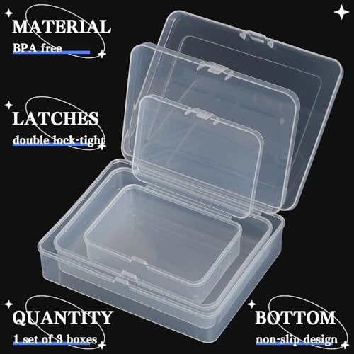 3Pcs Mixed Sizes Clear Plastic Jewelry Storage Box - Rectangular Mini Organizer Containers with Hinged Lids, Ideal for Small Items & Craft Projects