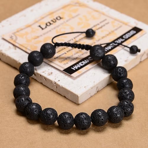 MASSIVE BEADS Handmade Yoga Natural Stone Crystal Healing Power Energy Gifts for Unisex Adult Bracelet Macrame Adjustable - color: Black Lava(Calm), size: 10mm