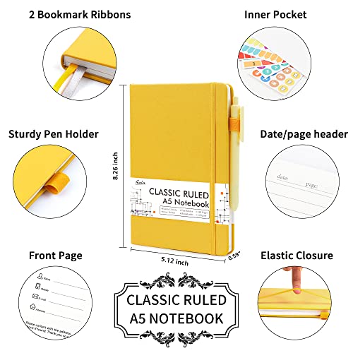 feela 24 Pack Journal Notebook for Work, Business Notebook Bulk Hardcover Lined Writing Journal with Pen Holder for Men Women Note Taking, with 24 Black Pens, 120 GSM, 5.1”x8.3”, A5, Yellow - color: 24 Pack yellow