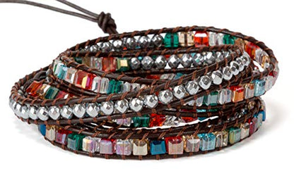 New! Dazzling Handmade Leather Wrap Bracelet Collection - style: 5 Wrap Multi Color & Silver Faceted