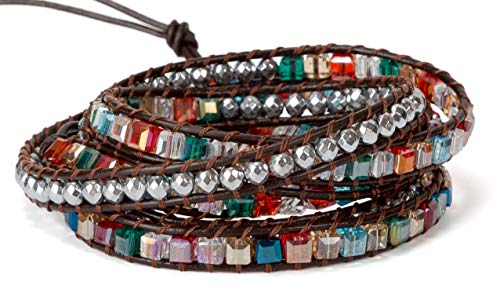 New! Dazzling Handmade Leather Wrap Bracelet Collection - style: 5 Wrap Multi Color & Silver Faceted