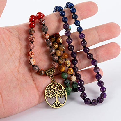 Bivei 7 Chakra 108 Mala Beads Bracelet Real Gemstone Yoga Meditation Hand Knotted Mala Prayer Bead Necklace - size: 6mm, style: beaded, traditional, 7-chakra, tree of life