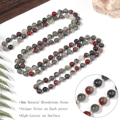 Beaded Necklace Hand Knotted for Woman - color: Bloodstone