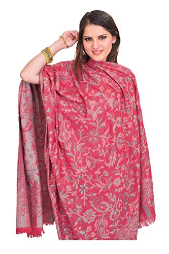 Exotic India Women Reversible Jamawar Wool Shawl with Woven Flowers | Ethnic Beautiful Floral Weave Stole, Dupatta - color: Magenta Haze