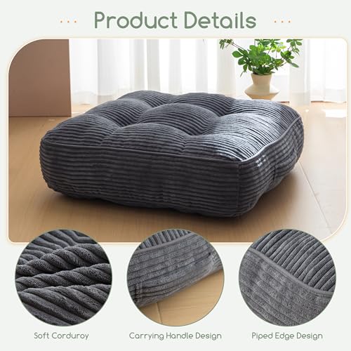 HIGOGOGO 6" Extra Thick Floor Pillow Cushion for Adults, Meditation Cushion Pillow, Large Square Floor Sitting, Tufted Corduroy Cover, for Tatami Living Room or Yoga, 22x22 Inch, 2Pack, Dark Grey