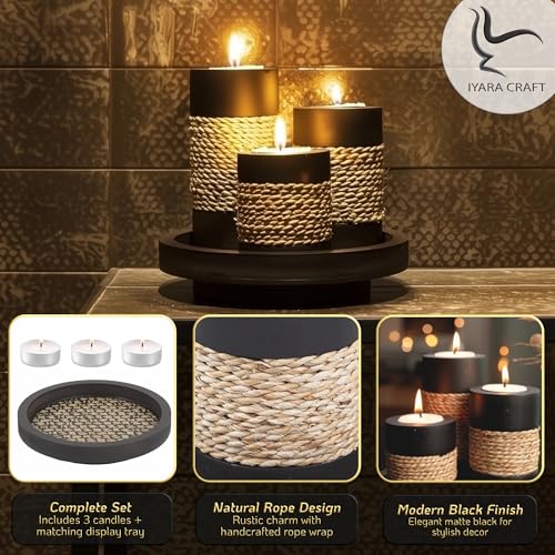Tealight Candle Holders with Tray – Set of 3 Rustic Black Wooden Candle Holders with Natural Rope Accent, Cozy Centerpiece for Romantic Dinner Table Decor, Anniversary & Housewarming Gifts