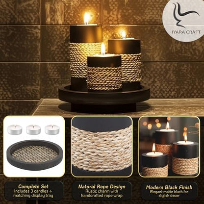 Tealight Candle Holders with Tray – Set of 3 Rustic Black Wooden Candle Holders with Natural Rope Accent, Cozy Centerpiece for Romantic Dinner Table Decor, Anniversary & Housewarming Gifts