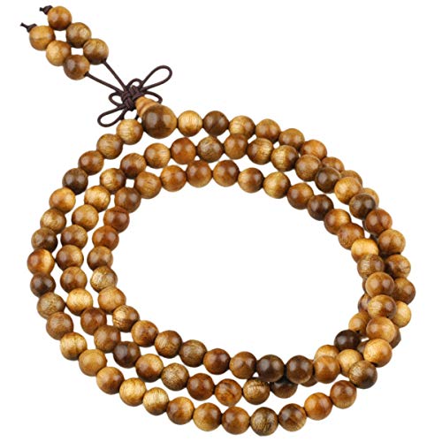 Nupuyai Natural Wood Wrap Bracelet for Women and Men, 108 Prayer Mala Beads Tibetan Necklace for Unisex Elastic Meditation Yoga Jewelry - color: Golden Silk Wood(6mm)