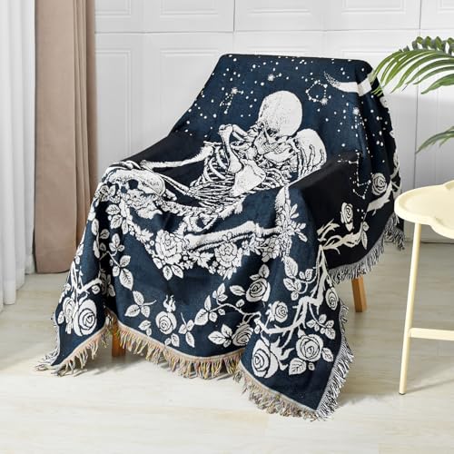 Boho Throw Blanket Reversible Cotton Bohemian Tapestry Hippie Room Decor Double Sided (Boho Skeleton Lover Moon Blue 50"x60") - color: Boho Skeleton Lover Moon Blue, size: 50*60 inch