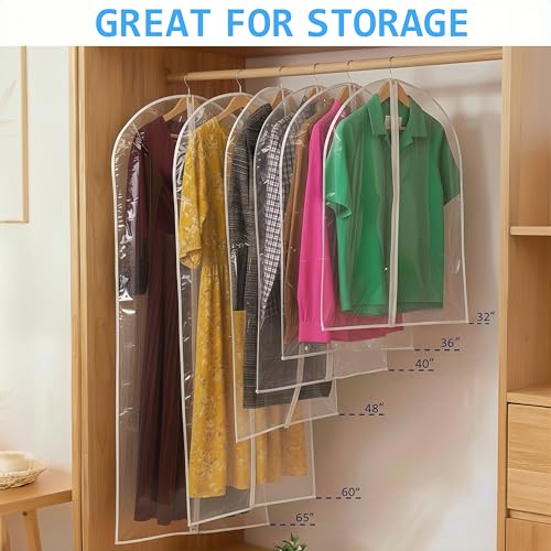 60” All Clear Garment Bags for Travel - PEVA Waterproof Suit Cover with Zipper for Hanging Clothes, long Gowns - Durable Dresser for Closet Storage, Dustproof & Moisture Resistant - 60”/6 Pack - size: 60" -6 Pack