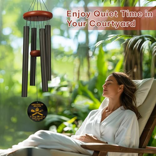 Personalized BBQ Memorial Wind Chime – “Grilling in Heaven” Custom Name & Years – Silver Engraved Grill Master Tribute – Outdoor Sympathy Gift – Memorial Wind Chimes for Loss of Loved One - size: GrillingWC 1