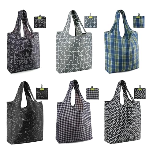 BeeGreen Geometry Reusable Shopping Bags Cute Grocery Bag 6 Pack, Christmas Gift Bags Heavy-Duty Foldable Shopping Totes for Supermarket, Work & Travel, Large Washable Polyester Tote Bag with Handles - color: black, gray