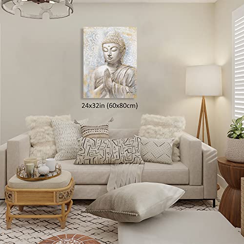 Gold Buddha Wall Art: Laughing Buddha Painting with Mandala Flower and Gold Leaf for Living Room, Bedroom, Yoga Room, Buddhist Meditation Room - 24"x32" - color: Smiling Golden Buddha, size: 24"x32"x1