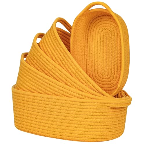 CubesLand Small Cotton Rope Storage Basket Set 5, Shelves Baskets for Organizing with Handle, Decorative Closet Storage Bins for Countertop Toilet Paper Basket for Toilet Tank Top,Yellow Basket - color: Yellow
