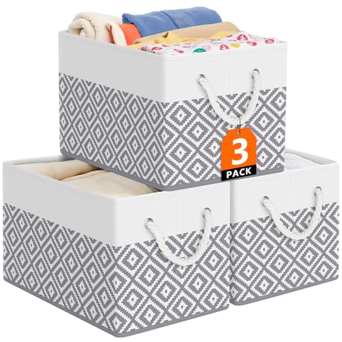 Storage Bins, 3-Pack Large Storage Box with Rope Handles, Collapsible Storage Basket for Organizing Books, Clothes, Rhombic Grey - color: Rhombic Grey, size: 15" x 10" x 9.5" (3 Pack)