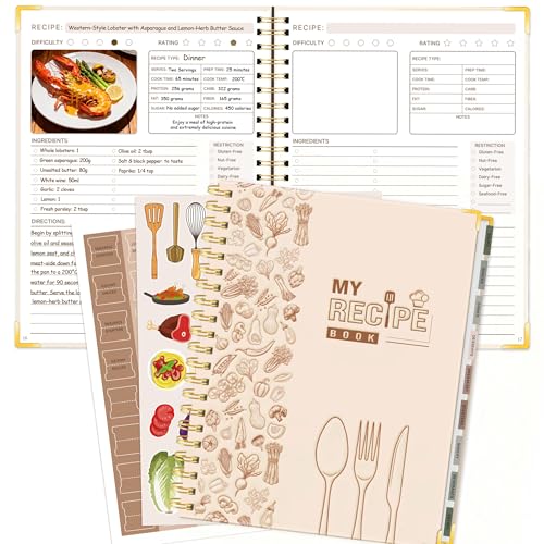 GuassLee Blank Recipe Book to Write in Your Own Recipes, 8.5"x11" Blank Recipe Notebook for 140 Recipes, Personal Cookbook Hardcover Journal with Tabs, Stickers & Pocket, Beige - color: Orange