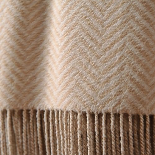 CUDDLE DREAMS Silk Throw Blanket with Hand-Knotted Fringe, Natural, Soft & Breathable (Herringbone-Taupe) - color: Herringbone-taupe
