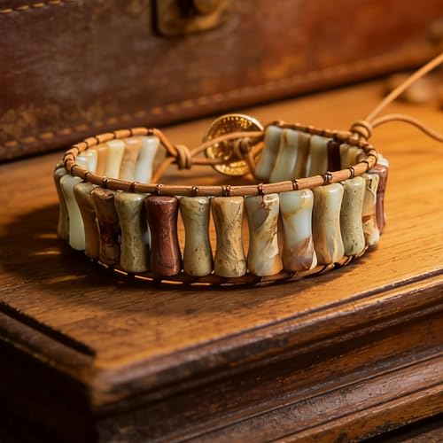 Plumiss Women Boho Handmade Natural Stone Crystal Leather Bead Wrap Bracelets Collection - style: Agalmatolite N