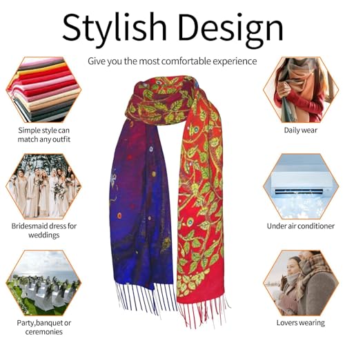 Sacred Bodhi Tree Of Life Themed Eastern Ancient Growth Ethnic Artwork Print Women'S Faux Cashmere Tassel Shawl Warm Soft Poncho Scarf Oversized Blanket Scarf For Fall Winter
