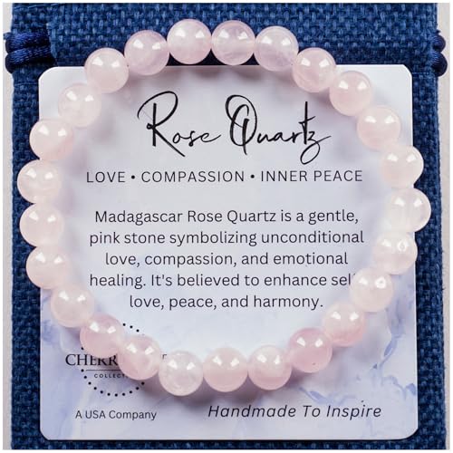 Cherry Tree Collection – Handmade Crystal Bracelets with Black Obsidian, Tiger’s Eye and 6 Other Gemstones for Men & Women – 8mm Beaded Bracelet for Healing, Protection & Positive Energy–Sizes S/M/L - color: Madagascar Rose Quartz, size: Large