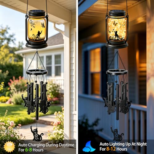 2 Pack Solar Cat Wind Chimes for Outside, Birthday Mother' s Day Gifts for Mom Women Grandma,Solar Cat Wind Chime Light Hanging Wind Chimes Outdoor,IP65 Waterproof, Yard Garden Terrace - size: 2 pack-Cat jar wind chime