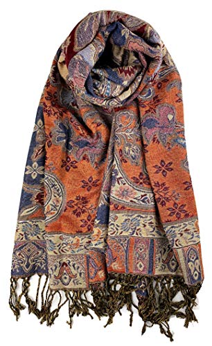 Plum Feathers Tapestry Ethnic Paisley Pattern Pashmina Shawl Scarf, Womens Pashmina Shawl Wrap with Fringes - color: Blue Orange Tropical Paisley