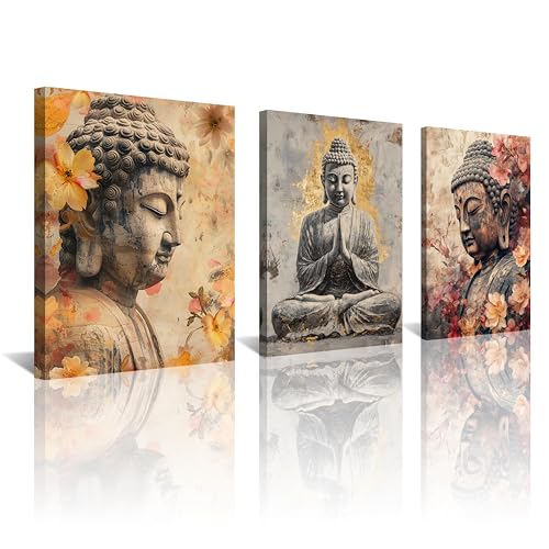 NAN Wind 3Pcs Buddha Wall Art Zen Canvas Print with Cherry Blossom Lotus Flowers Meditation Artwork Spiritual Asian Decor for Living Room Bedroom Yoga Studio Peaceful Spa Asian Style Home Decor - color: Buddha&Flower-2, size: 12X16inchX3pcs