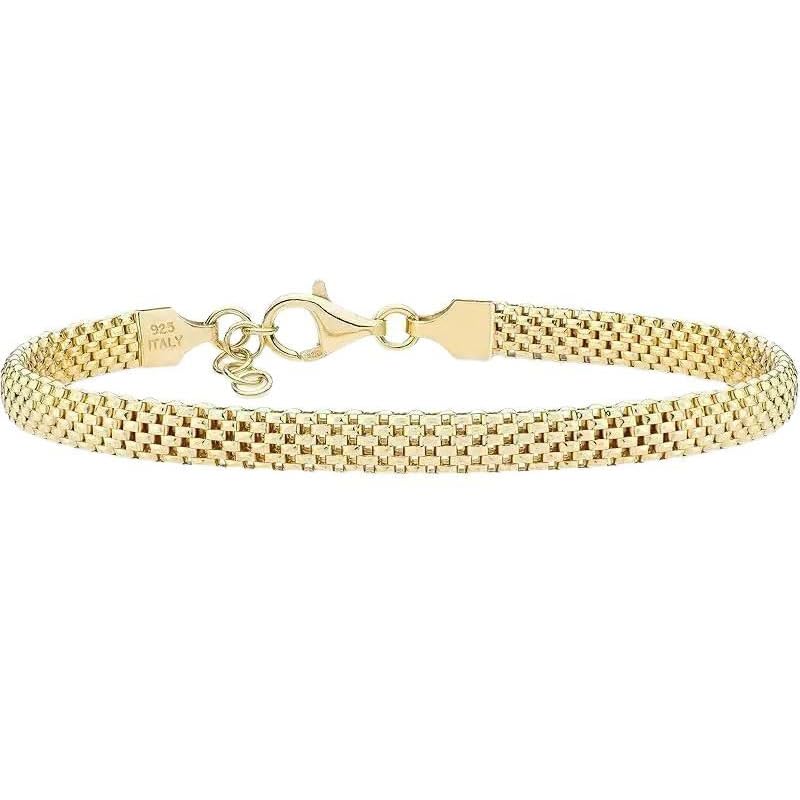 Hypoallergenic 18K Gold Plated 925 Silver 5mm Mesh Bracelet, Women Classic Stackable Minimalist Gift - color: Length 6.5 Inches