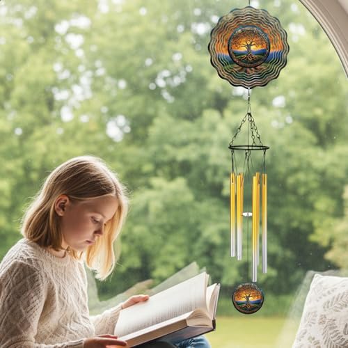 Tree of Life Wind Chimes - Metal Windchime with Spinners Outdoor Garden Patio Yard Decor Indoor Balcony Home Hanging Christmas New Year Housewarming Birthday Gift for Women Mom Grandma Wife