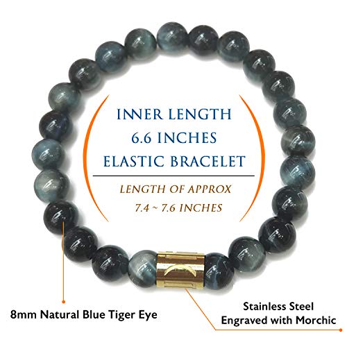 Morchic 8mm Genuine Gemstone Stretch Bracelet for Women Men Unisex, Natural Energy Crystal Stone Beads, Classic Simple Design Cuff Birthday Gift 7.5 Inch - color: Blue Tiger Eye Pro