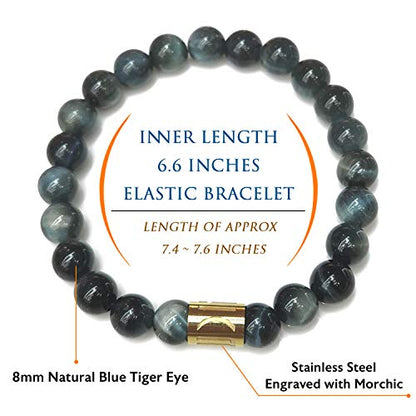 Morchic 8mm Genuine Gemstone Stretch Bracelet for Women Men Unisex, Natural Energy Crystal Stone Beads, Classic Simple Design Cuff Birthday Gift 7.5 Inch - color: Blue Tiger Eye Pro