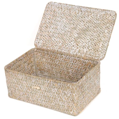 FEIALNDUO Wicker Shelf Baskets with Lid,Seagrass Storage Basket Bins Rectangular Handwoven Basket Boxes for Shelves Desktop Home Organizer (Whitewash, Medium) - color: Whitewash, size: Medium
