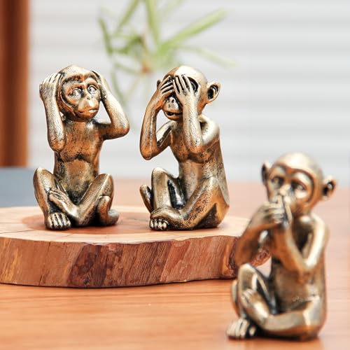 Leekung 3 Wise Monkeys Statue for Home Decor Accents,Hear no Evil See no Evil Speak no Evil Figurine for Living Room Boho Desk Gold Modern Table Decor,Monkey Gift Shelf Decor Accents Antique Bronze