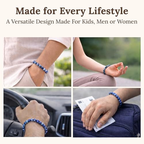 Elm City Direct 8mm Natural Stone Beaded Bracelet – Unisex Crystal Stretch Bracelets for Men & Women, Chakra & Healing Jewelry, Gift-Ready Beaded Bracelets - color: Blue Vein Stone