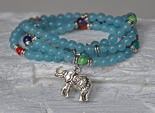 Calm and Patience, 108 Aquamarine Mala Beads, Elephant Necklace, Wrap Gemstone Bracelet, Chakra Balance, Meditation, Japa Mala