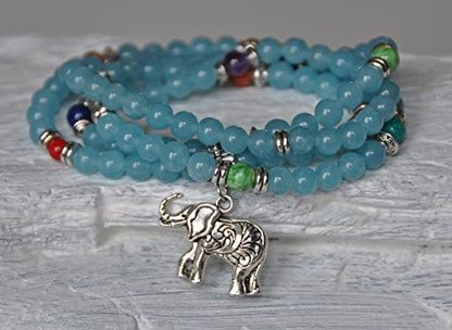 Calm and Patience, 108 Aquamarine Mala Beads, Elephant Necklace, Wrap Gemstone Bracelet, Chakra Balance, Meditation, Japa Mala